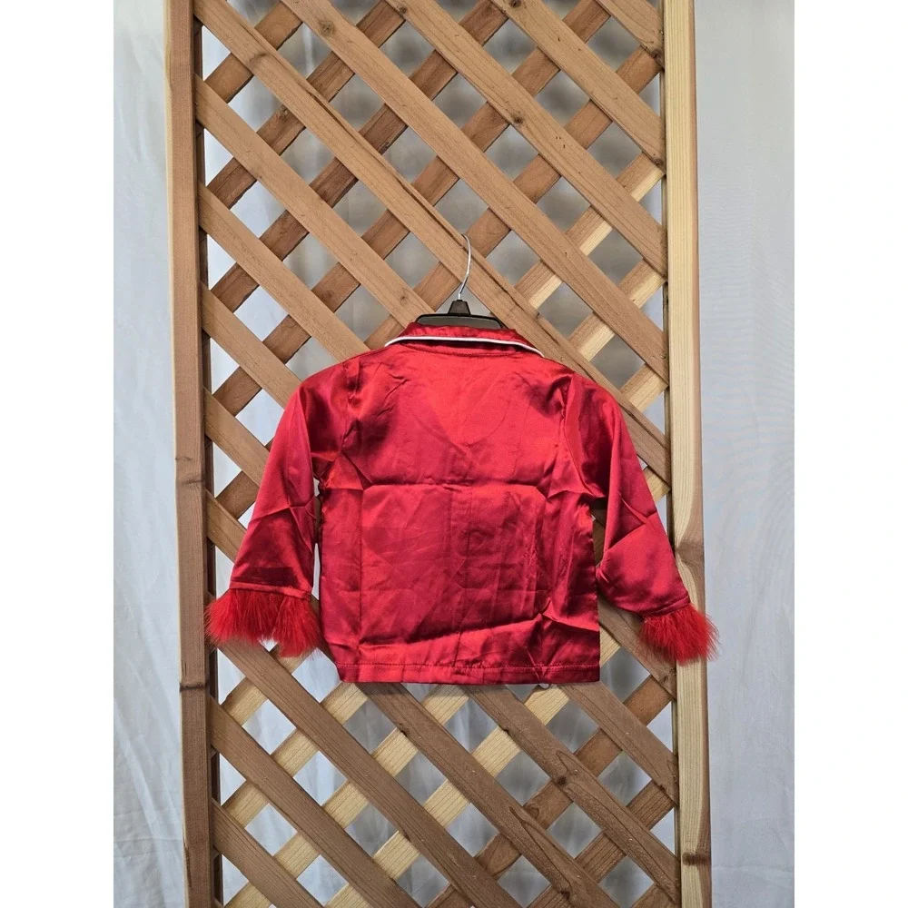 NEW Toddler Satin Pajama Set - Feather‎ Trim Shirt, Pants - Red - Size Ages 2-3